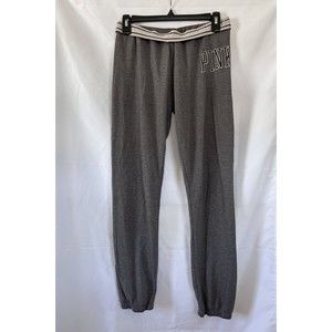 Women’s PINK Grey Fold Over Cinched Sweatpants Hip Logo Size Small